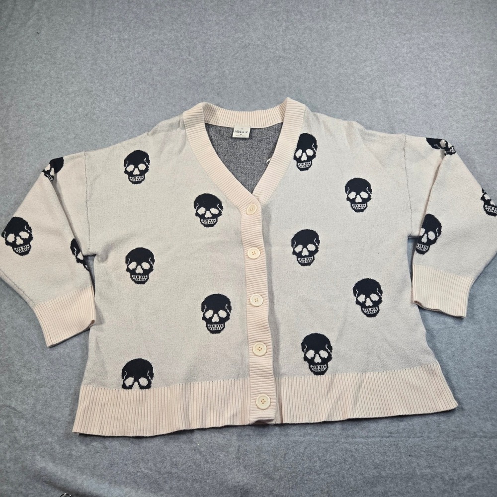 Nikka K Women 2X Skull Print Cardigan Cream Black V-Neck Button Front Sweater